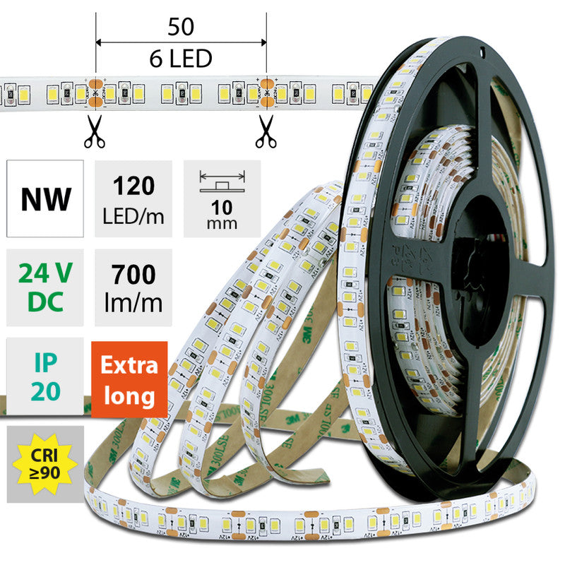 LED-Streifen in Neutralweiß mit 700 Lumen und 7 Watt je Meter bei 24 Volt, IP67