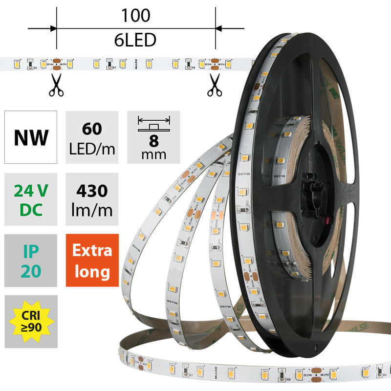 LED-Streifen in Neutralweiß mit 430 Lumen und 4,8 Watt je Meter bei 24 Volt, IP20