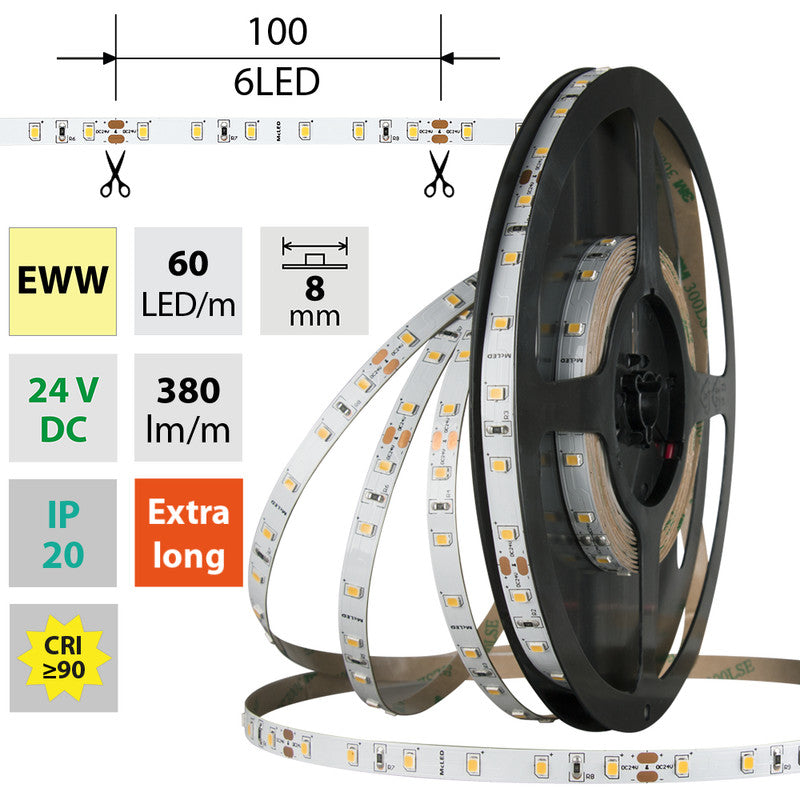 LED-Streifen in Extra Warmweiß mit 380 Lumen und 4,8 Watt je Meter bei 24 Volt, IP20