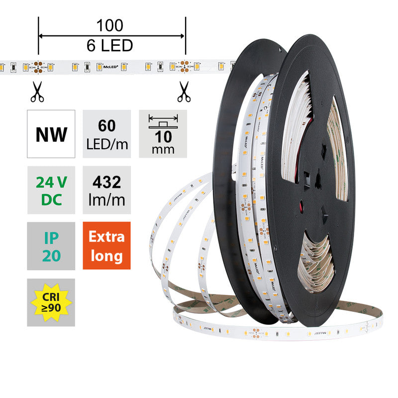 LED-Streifen in Neutralweiß mit 432 Lumen und 4,8 Watt je Meter bei 24 Volt, IP20