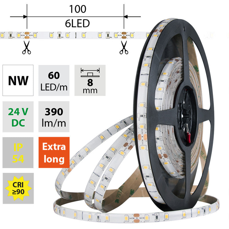 LED-Streifen in Neutralweiß mit 390 Lumen und 4,8 Watt je Meter bei 24 Volt, IP54