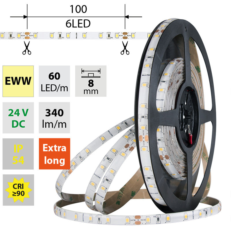 LED-Streifen in Extra Warmweiß mit 340 Lumen und 4,8 Watt je Meter bei 24 Volt, IP54